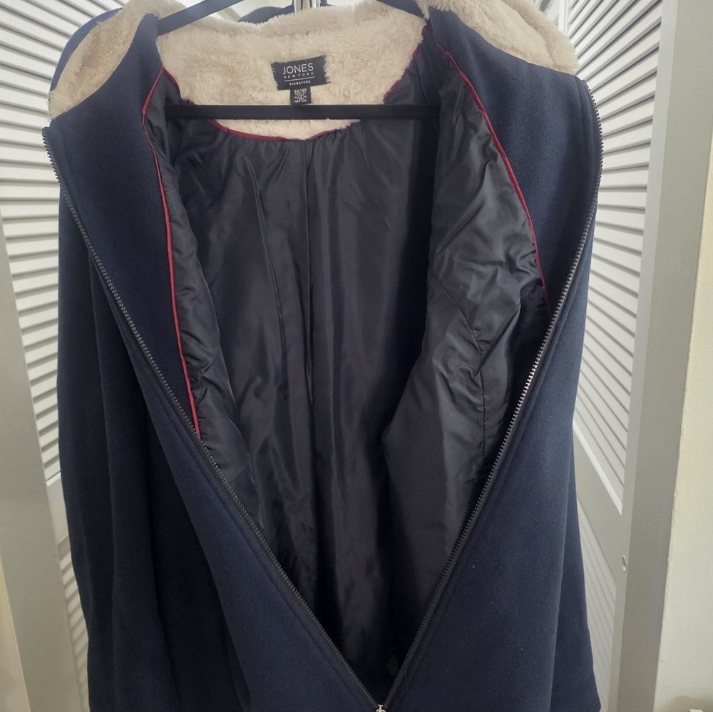 Jones New York Women's Navy Jacket with Faux Fur Lining